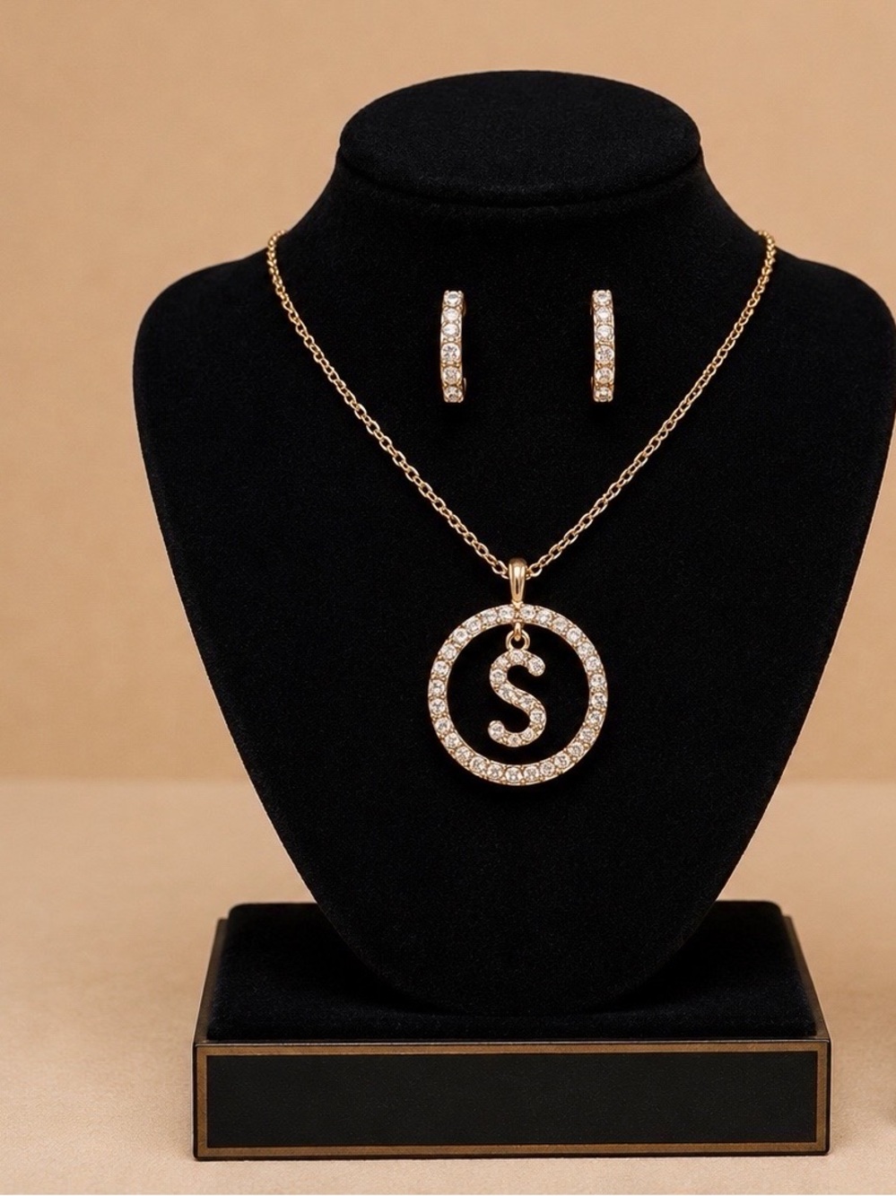 Liz Claiborne Gold-Tone Crystal 'S' Pendant Necklace with Matching Hoop Earrings